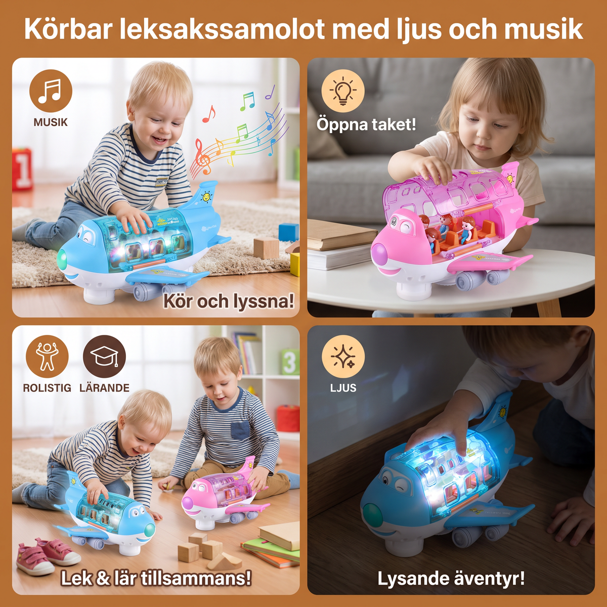 Körbar leksakssamolot med ljus och musik