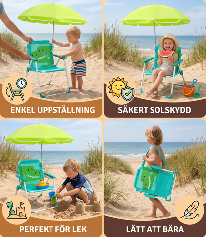 Hopfällbar barnstol för stranden med solskydd och dinosauriendesign
