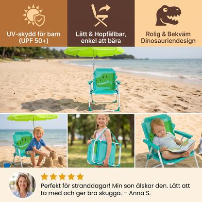 Hopfällbar barnstol för stranden med solskydd och dinosauriendesign
