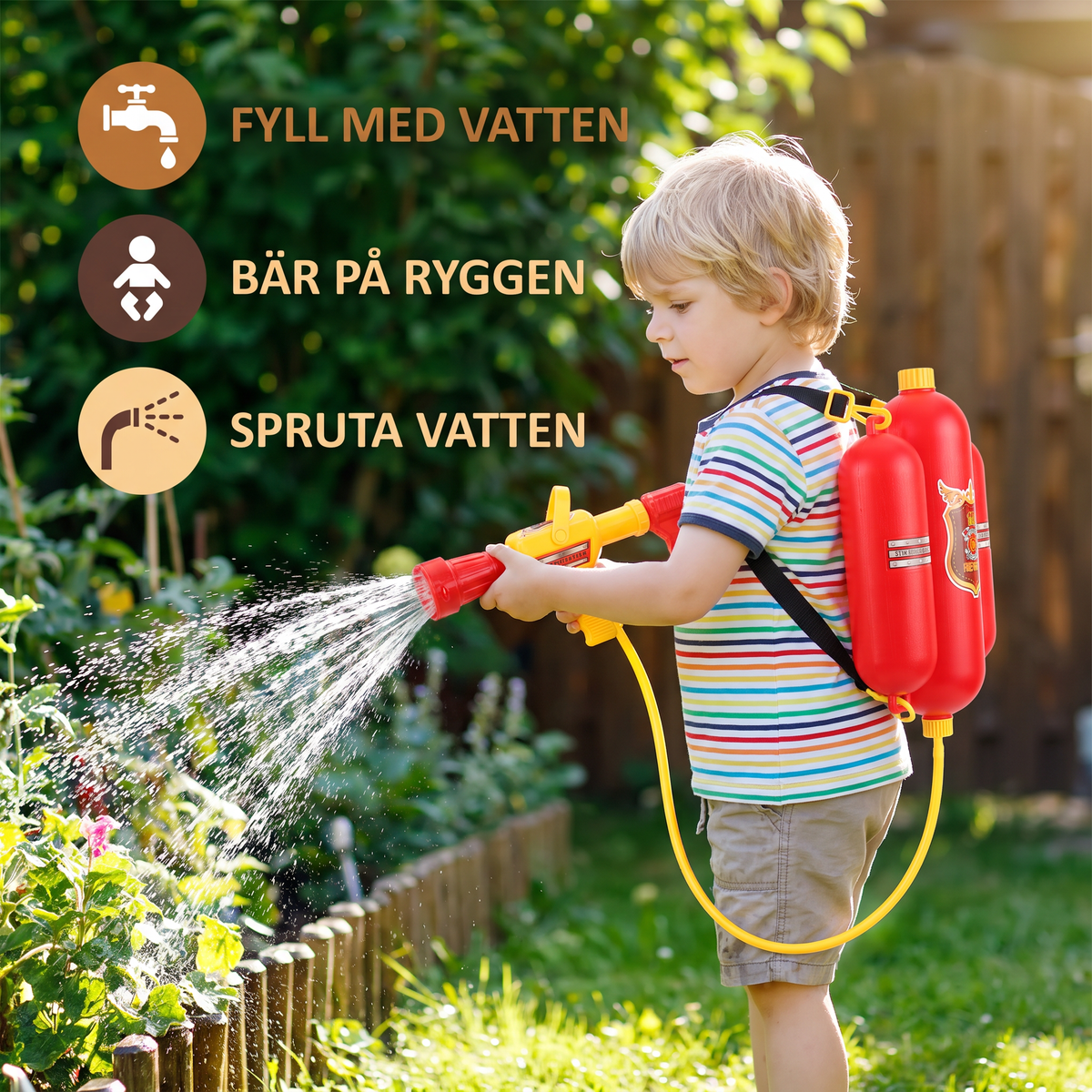 Brandmansryggsäck med vattenpistol för barn – utomhuslek på sommaren