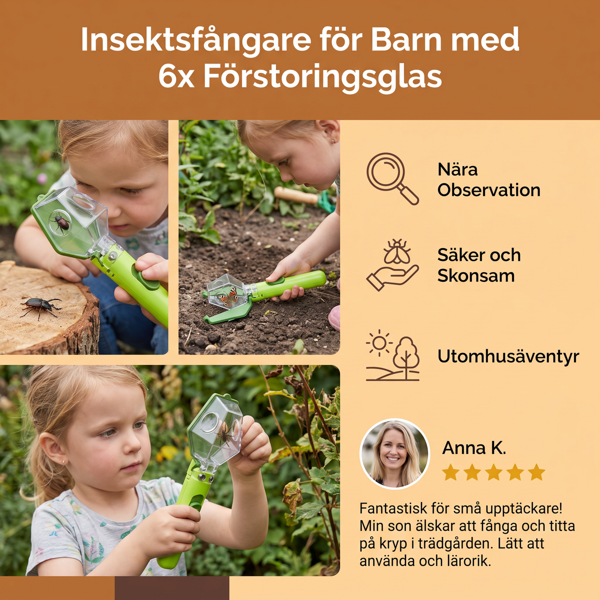 Insektsfångare för Barn med 6x Förstoringsglas – Verktyg för Insektsobservation och Upptäckter Utomhus