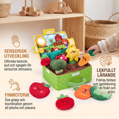 Montessori Sensorisk Trädgårdsleksak för Bebisar – Set med Mjuka Frukter och Grönsaker, Skallra, Spegel och Pipljud