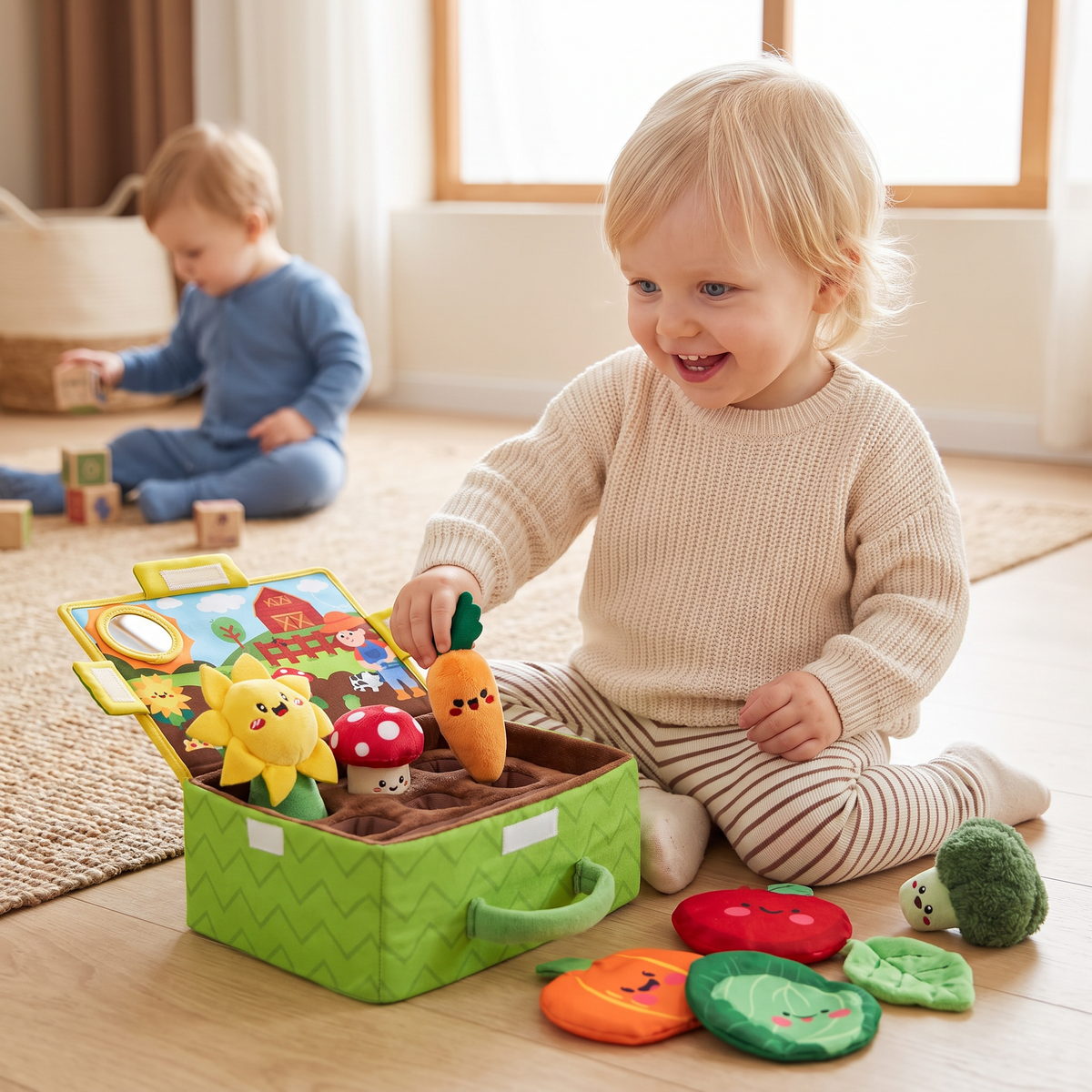 Montessori Sensorisk Trädgårdsleksak för Bebisar – Set med Mjuka Frukter och Grönsaker, Skallra, Spegel och Pipljud