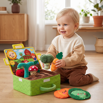 Montessori Sensorisk Trädgårdsleksak för Bebisar – Set med Mjuka Frukter och Grönsaker, Skallra, Spegel och Pipljud