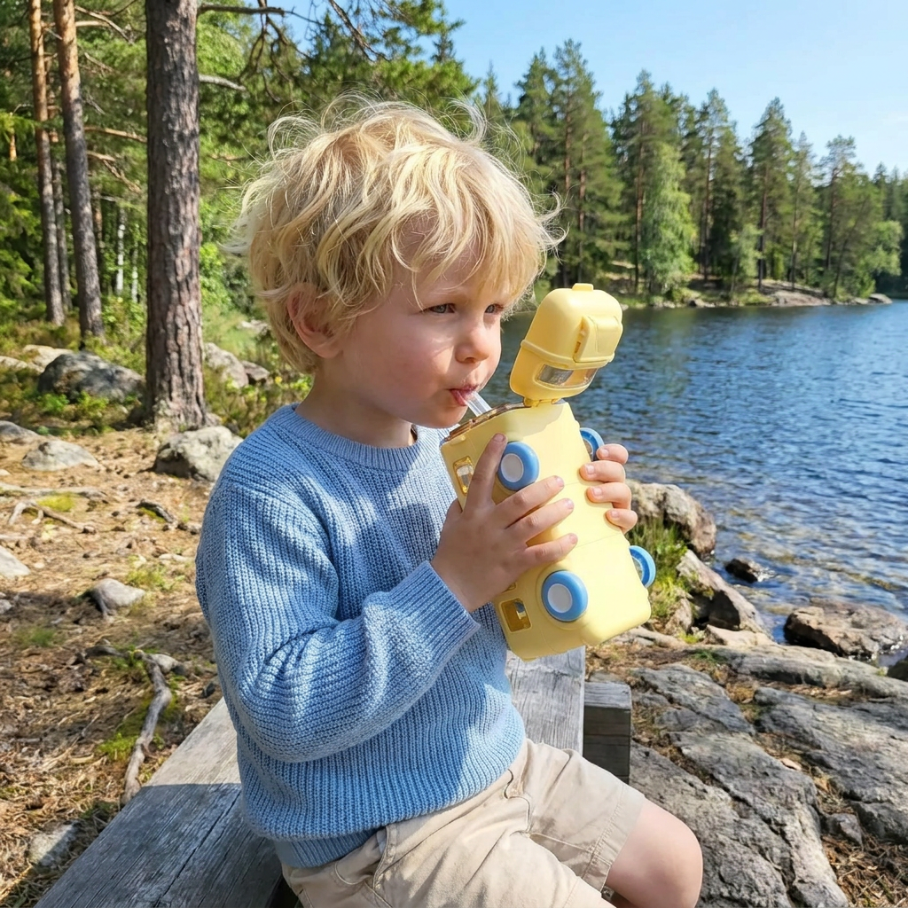 Vattenflaska för barn i bussdesign med sugrör och justerbart band