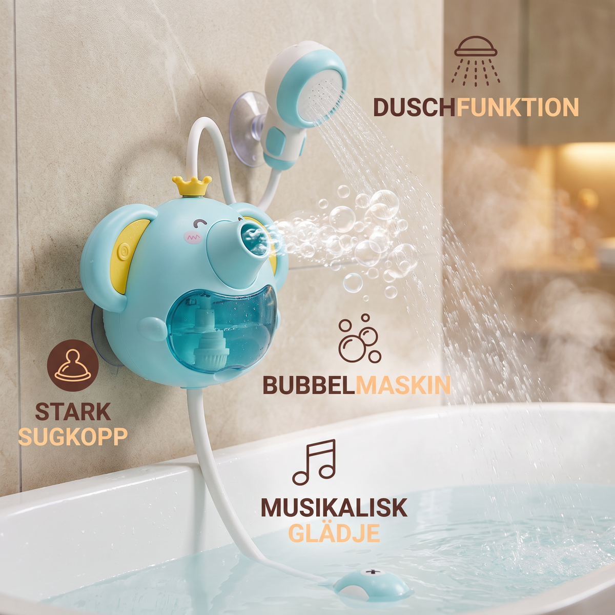 Musikalisk Badleksak i Form av en Elefant med Bubblor och Duschhuvud