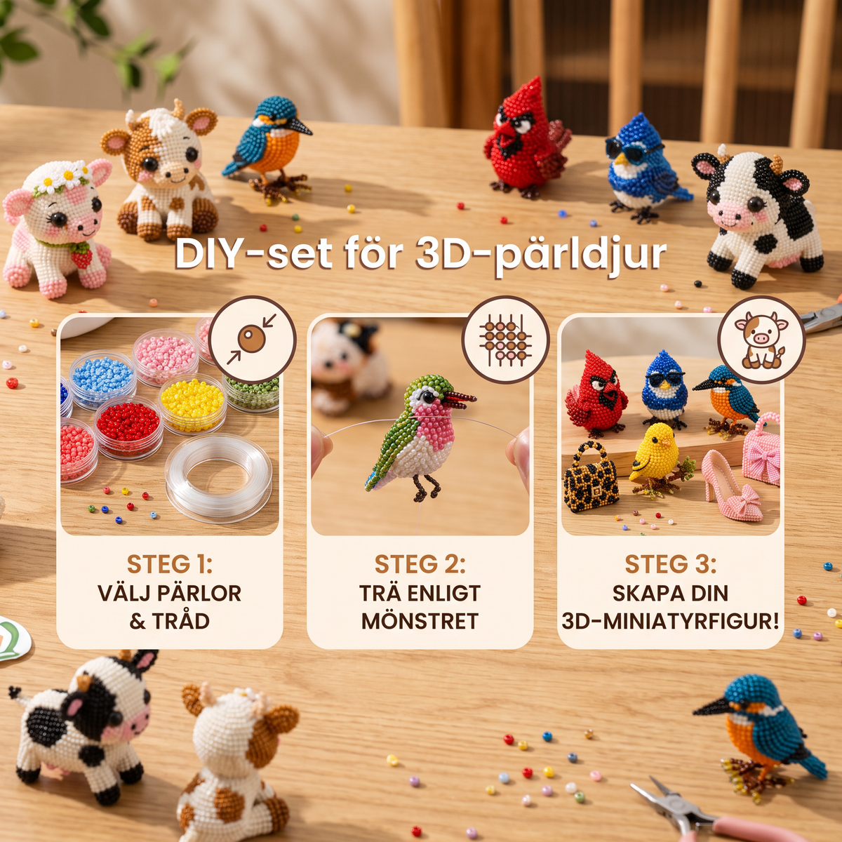 DIY-set för 3D-pärldjur – Skapa Miniatyrfigurer med Pärlor för Nybörjare