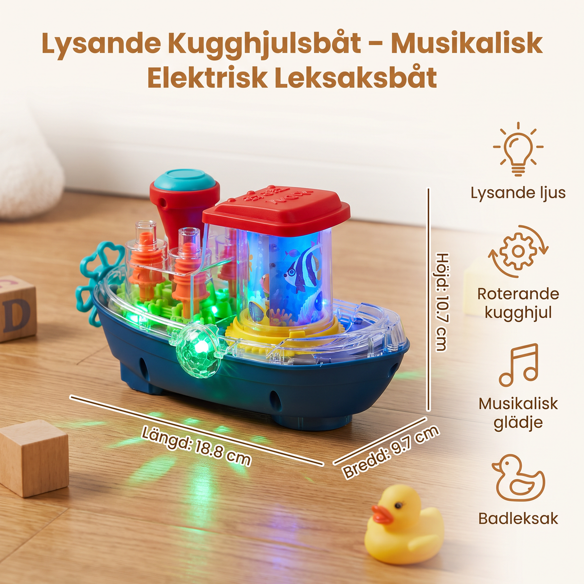 Lysande Kugghjulsbåt – Musikalisk Elektrisk Leksaksbåt För Barn