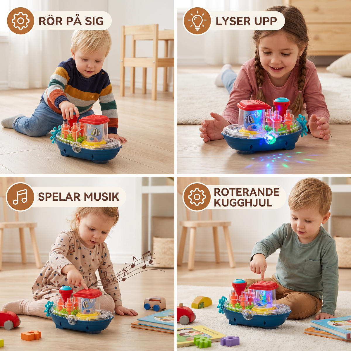 Lysande Kugghjulsbåt – Musikalisk Elektrisk Leksaksbåt För Barn