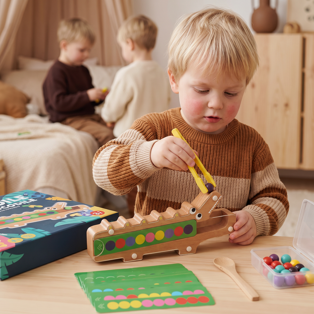 Krokodilfärgspel – pedagogiskt spel med sorteringskort och träleksak