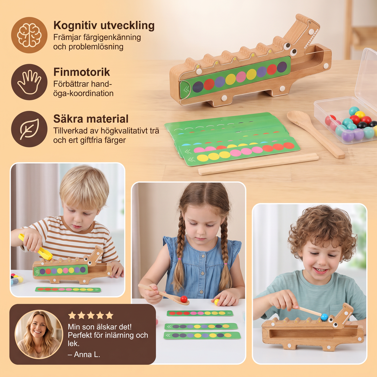 Krokodilfärgspel – pedagogiskt spel med sorteringskort och träleksak