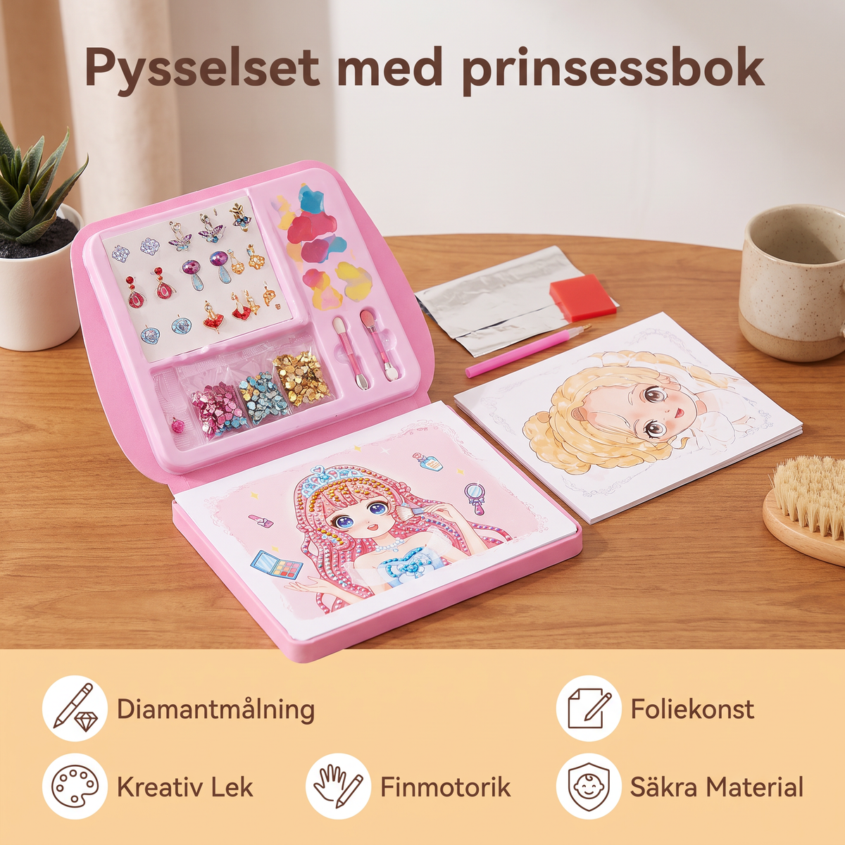 Pysselset med prinsessbok för diamantmålning och foliekonst