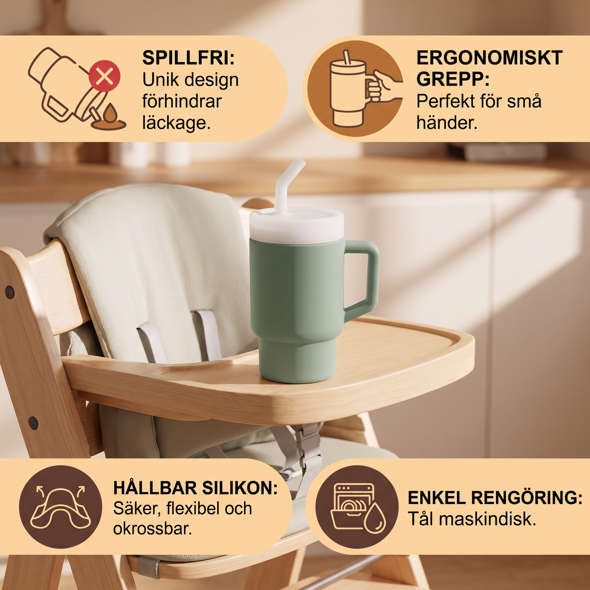 Läcksäker silikonmugg med sugrör för småbarn