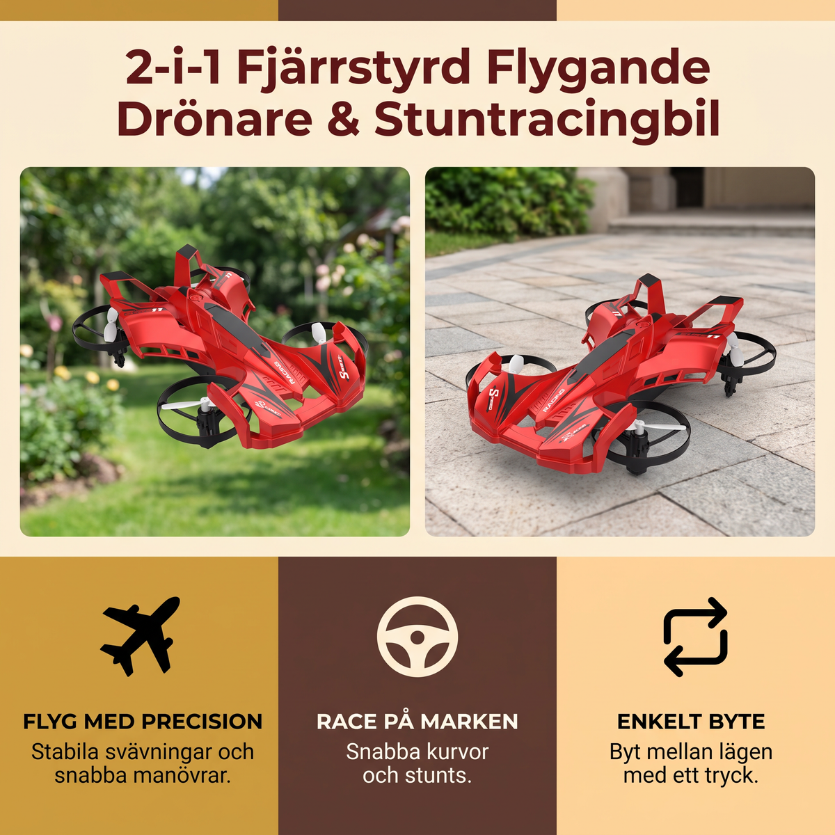 2-i-1 Fjärrstyrd Flygande Drönare & Stuntracingbil