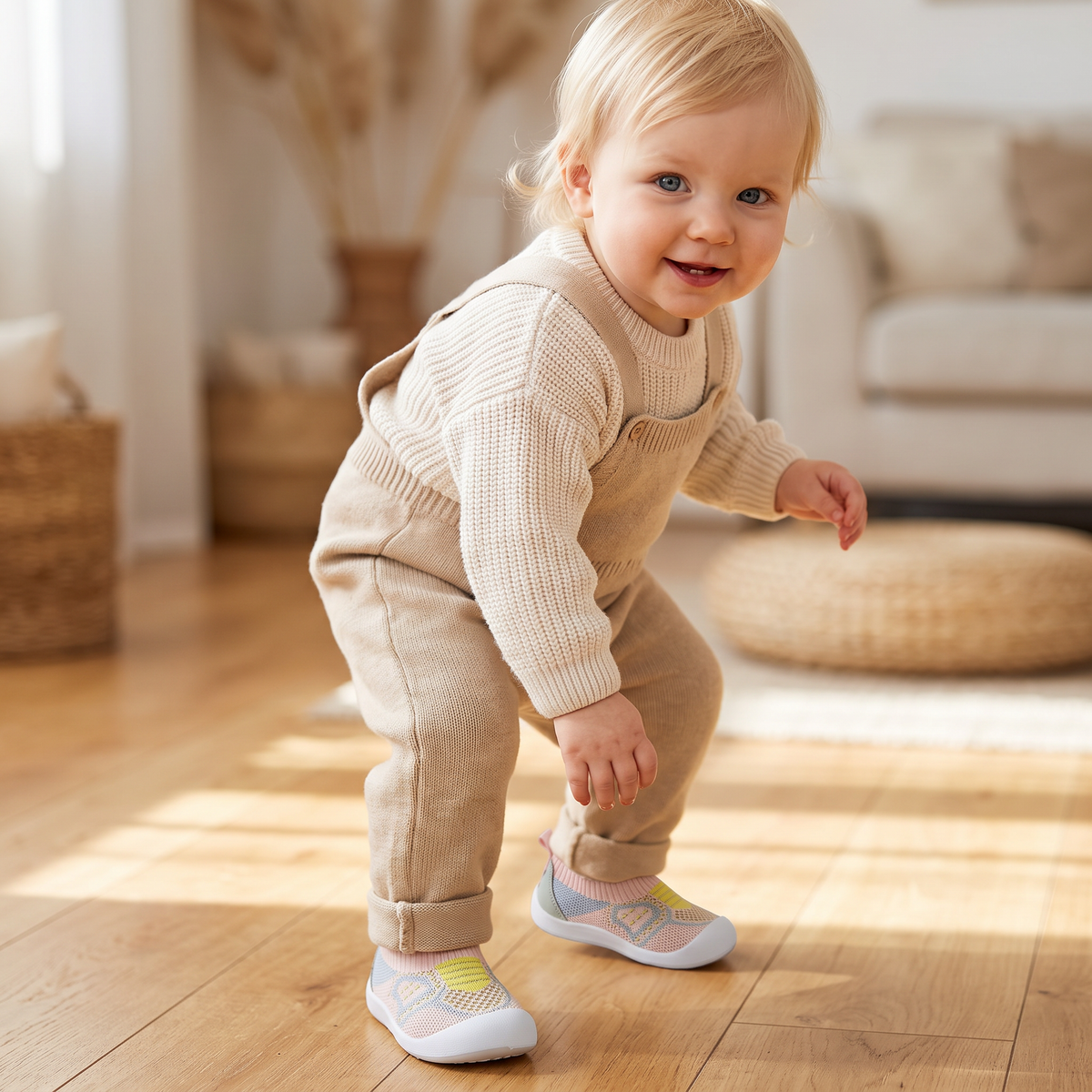 Mjuka stickade halkfria babysockskor för de första stegen