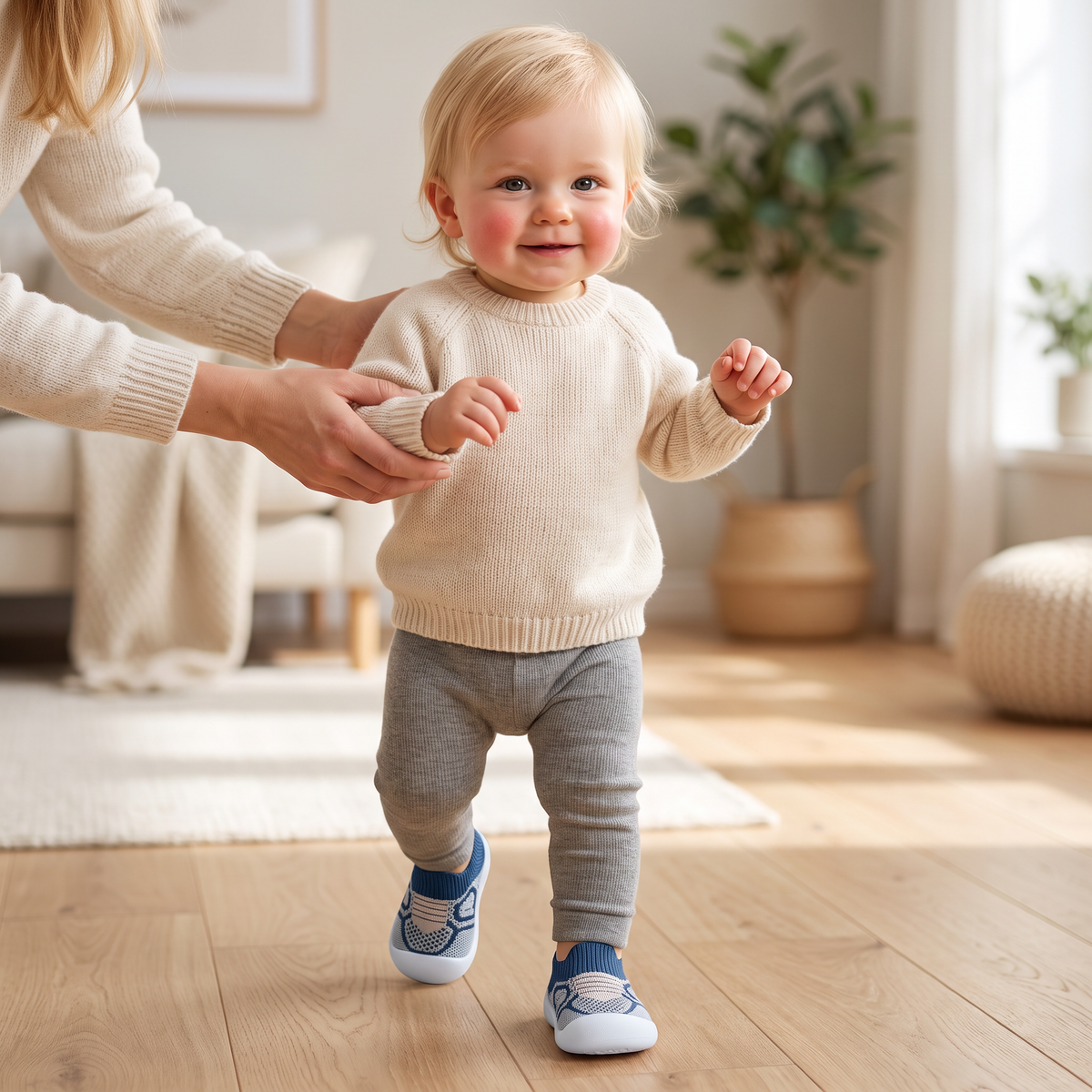 Mjuka stickade halkfria babysockskor för de första stegen