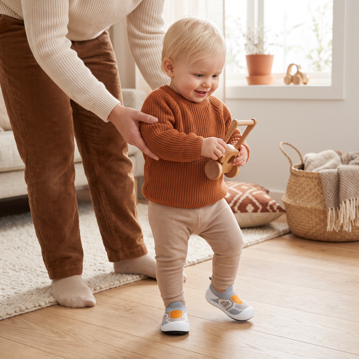 Mjuka stickade halkfria babysockskor för de första stegen