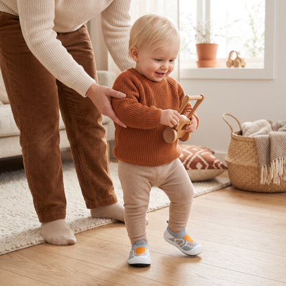 Mjuka stickade halkfria babysockskor för de första stegen