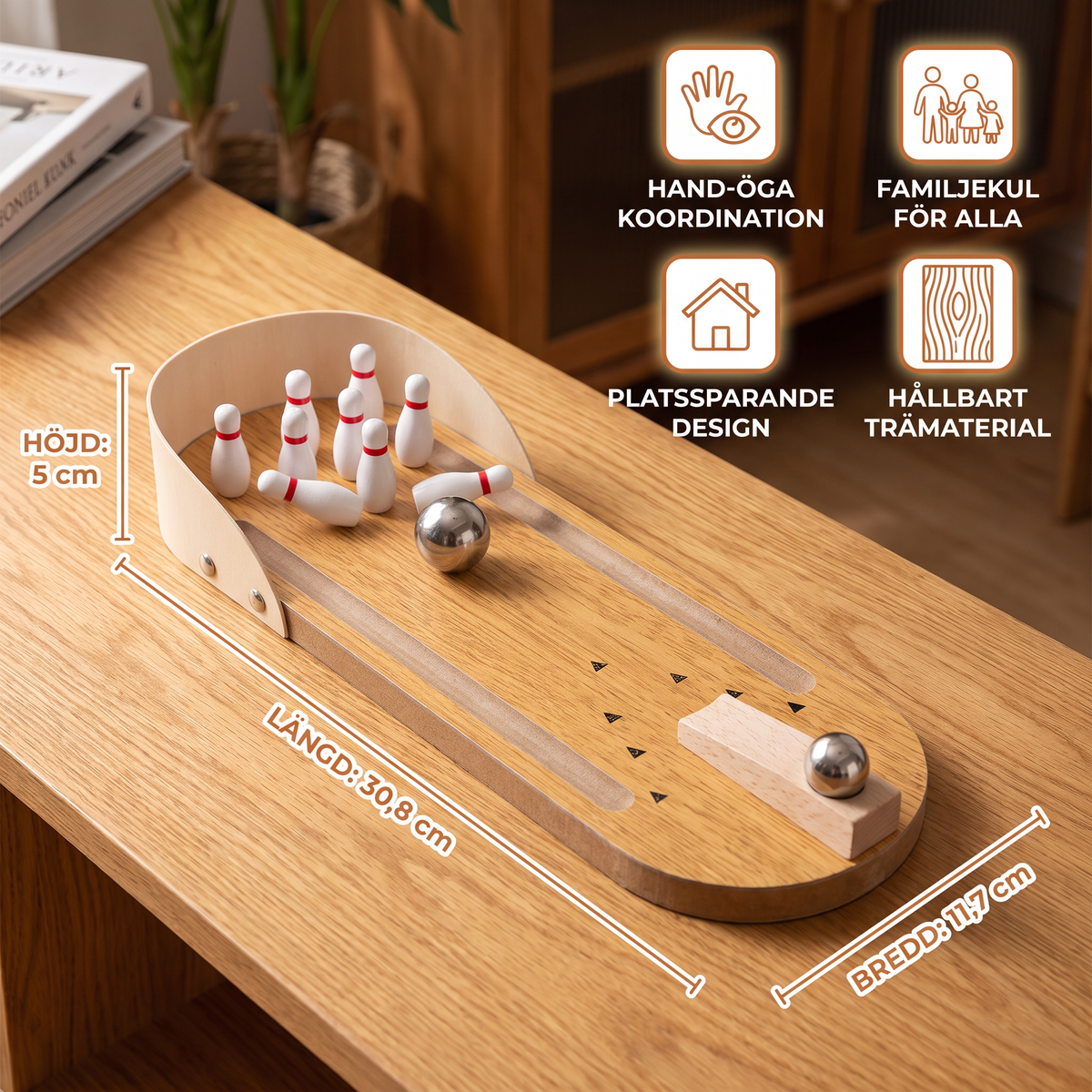 Mini Bowling Spel I Trä – Bärbart Bord-Bowling Set För Barn