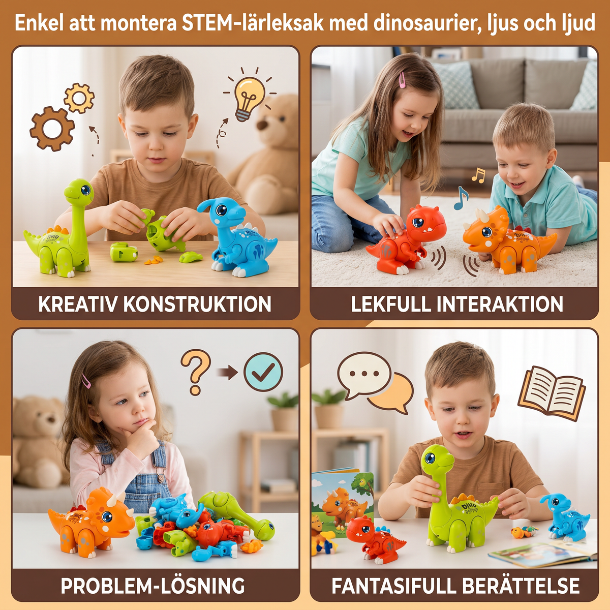 Enkel att montera STEM-lärleksak med dinosaurier, ljus och ljud