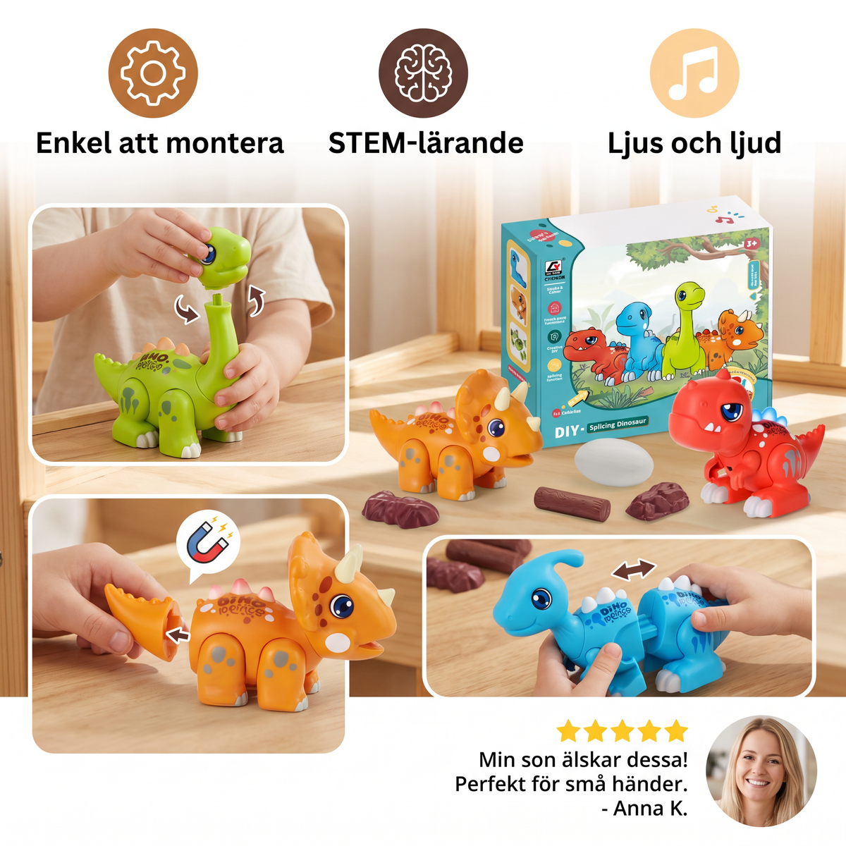 Enkel att montera STEM-lärleksak med dinosaurier, ljus och ljud