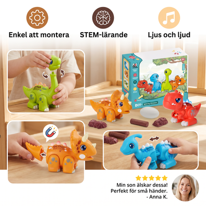 Enkel att montera STEM-lärleksak med dinosaurier, ljus och ljud