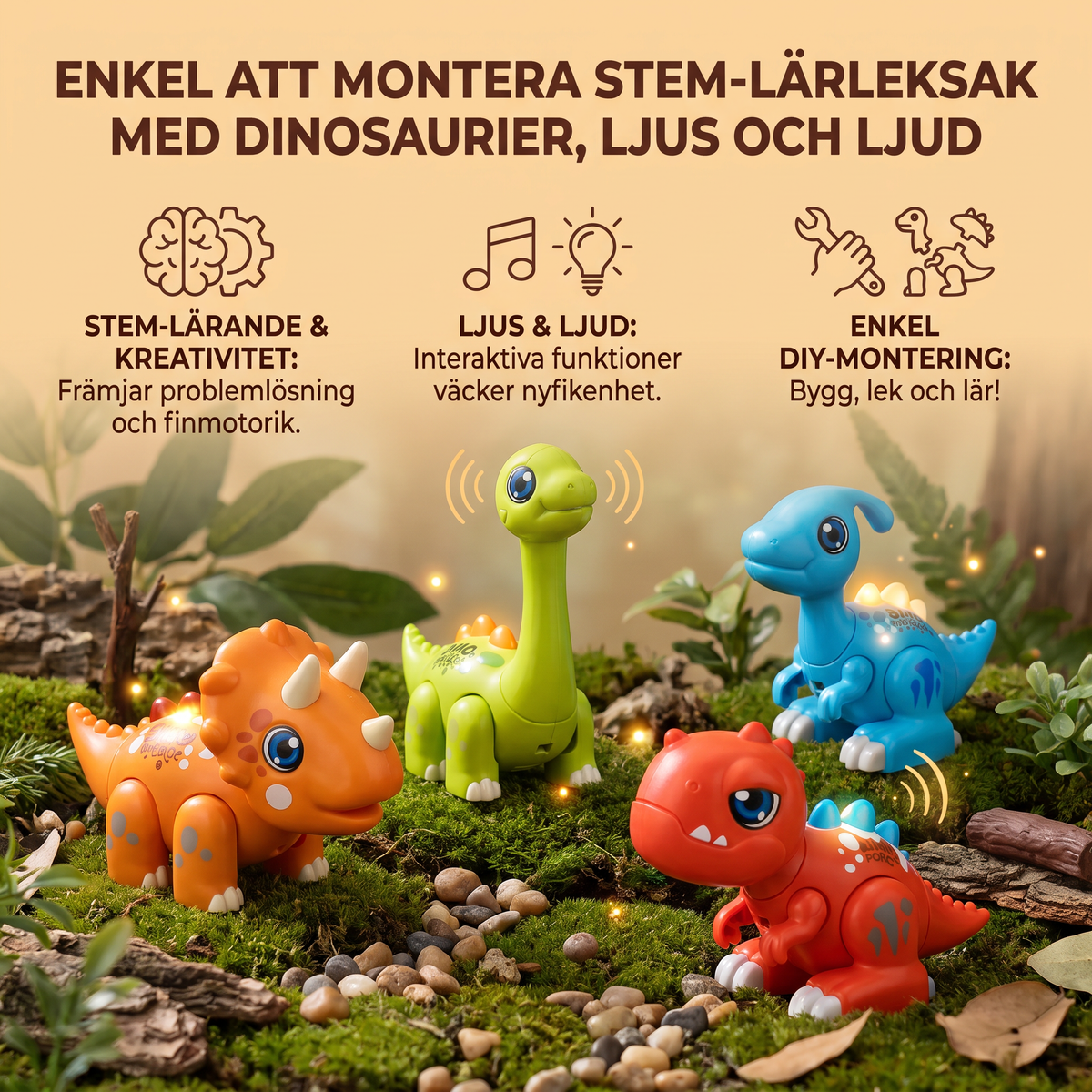 Enkel att montera STEM-lärleksak med dinosaurier, ljus och ljud