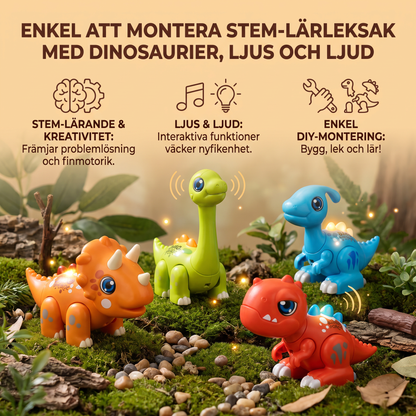 Enkel att montera STEM-lärleksak med dinosaurier, ljus och ljud