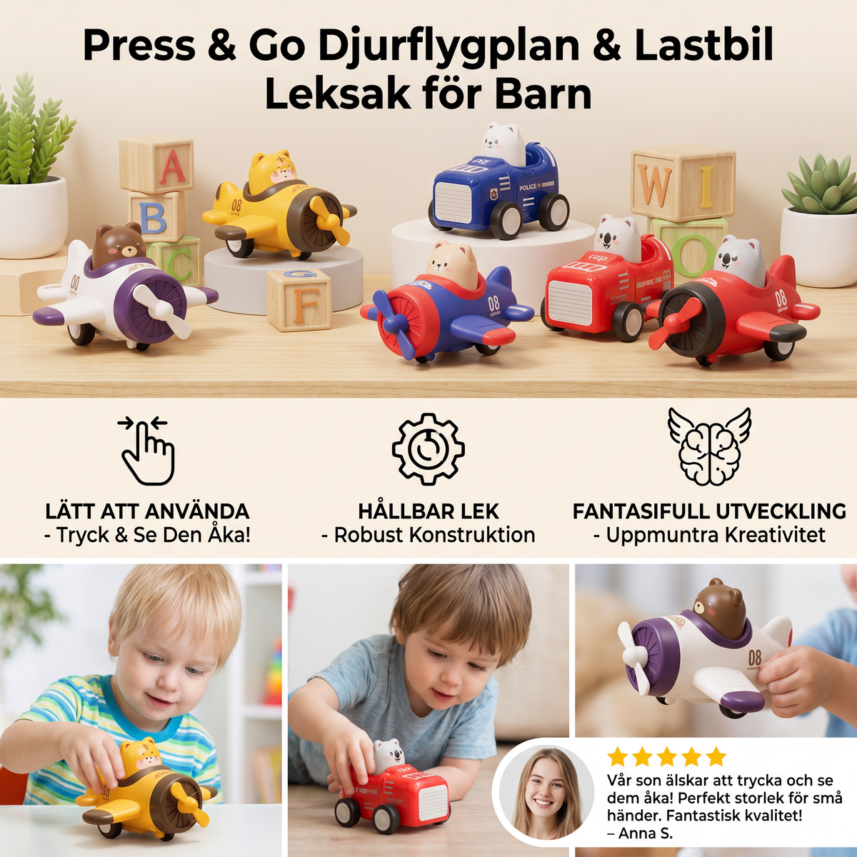 Press & Go Djurflygplan & Lastbil Leksak för Barn