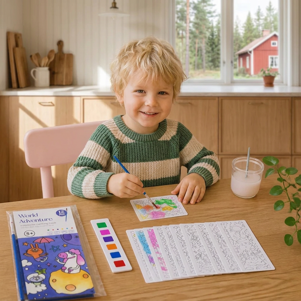 Allt-i-ett-akvarellmålarbok med inbyggda färger och pensel
