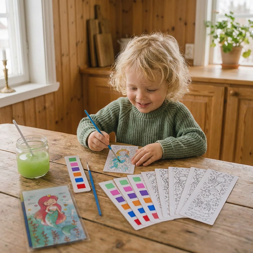 Allt-i-ett-akvarellmålarbok med inbyggda färger och pensel