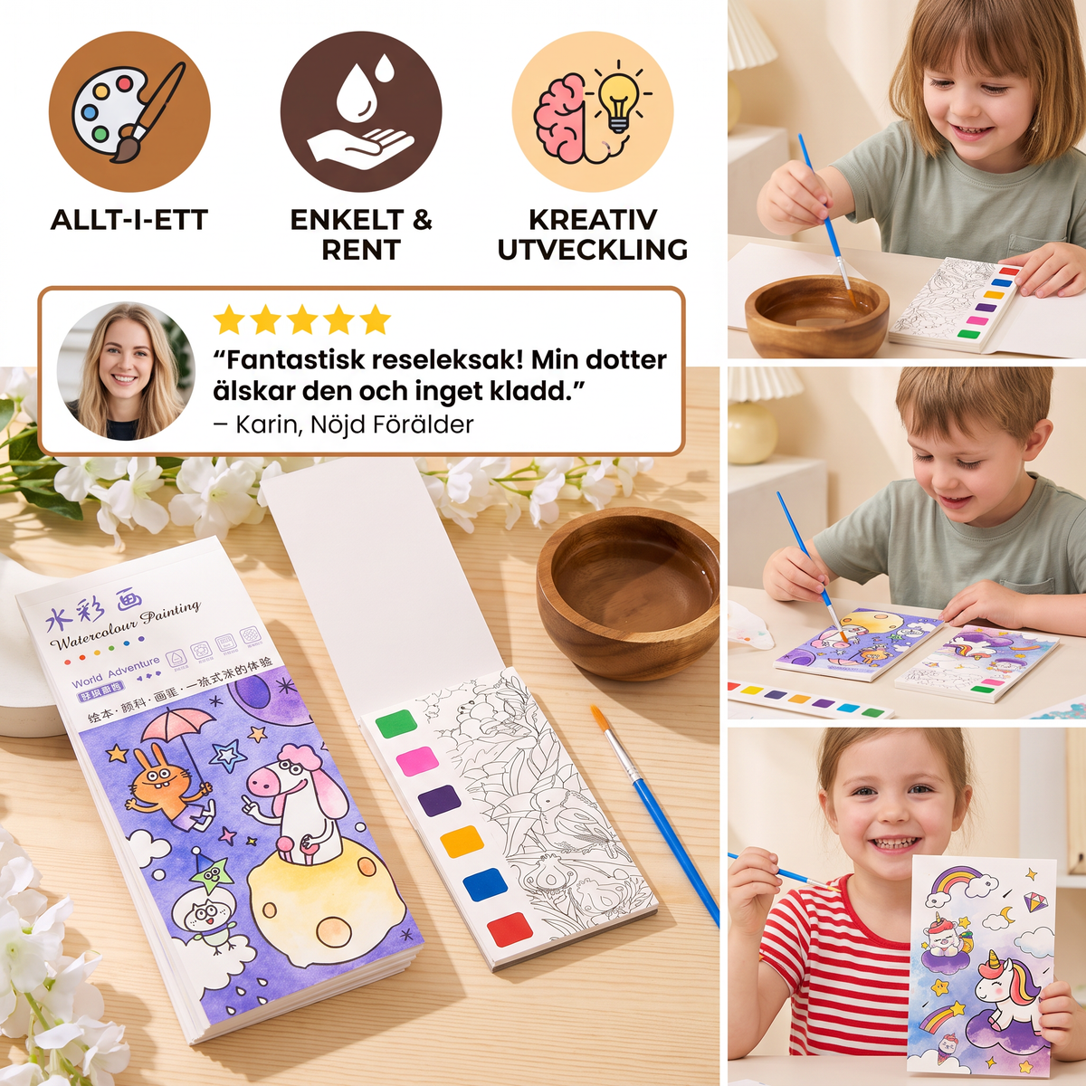 Allt-i-ett-akvarellmålarbok med inbyggda färger och pensel