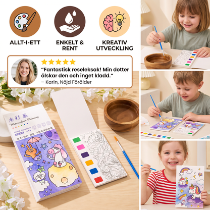 Allt-i-ett-akvarellmålarbok med inbyggda färger och pensel