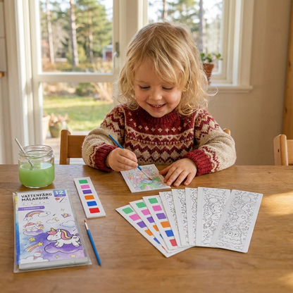 Allt-i-ett-akvarellmålarbok med inbyggda färger och pensel