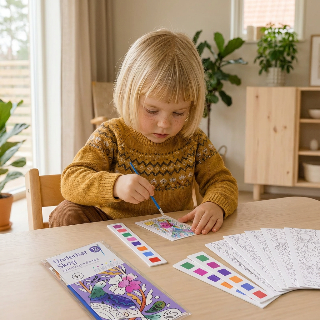 Allt-i-ett-akvarellmålarbok med inbyggda färger och pensel
