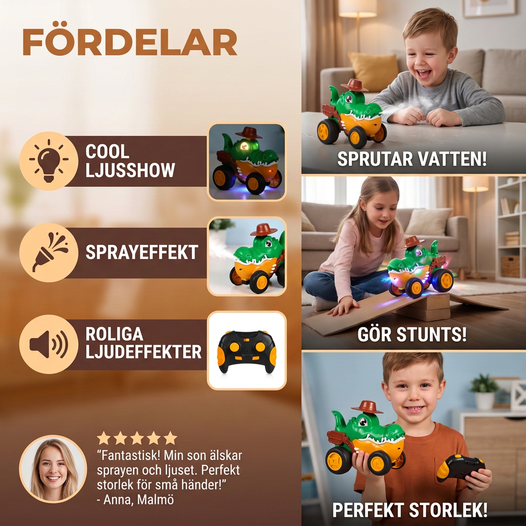 Radiostyrd krokodil-stuntbil med ljus-, spray- och ljudeffekter