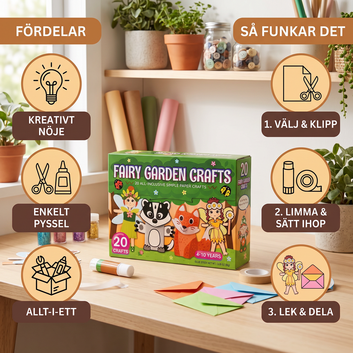 Pysselset i Papper för Barn – 20 Enkla DIY Pysselprojekt för Barn 3–10 År med Limstift, Tejp och Kuvert