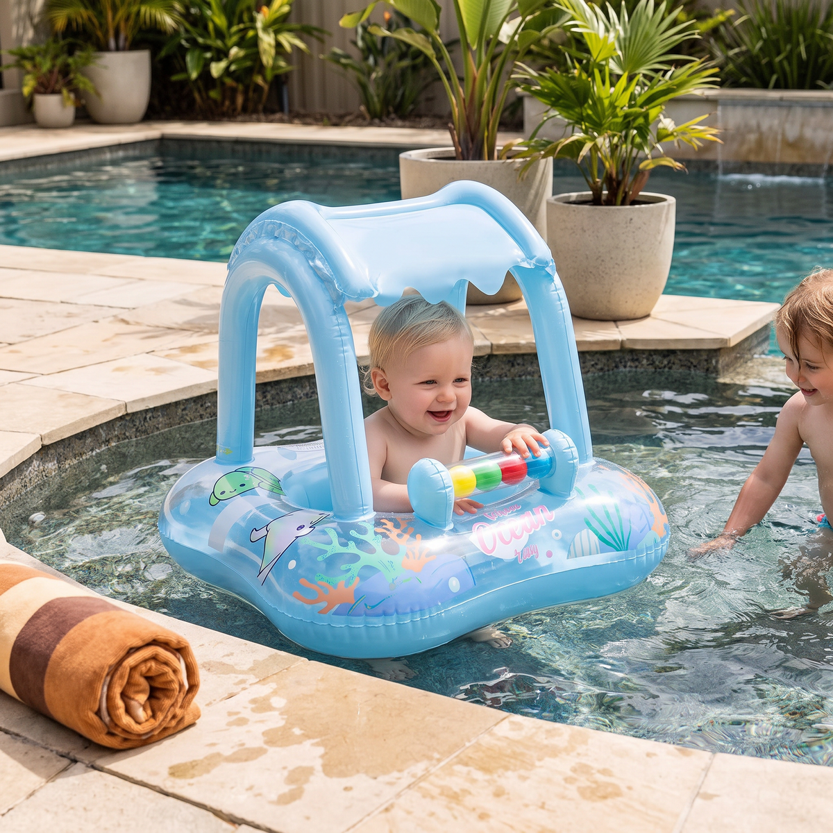 Inbjudande Baby Pool Float med Tak och Oceanprint