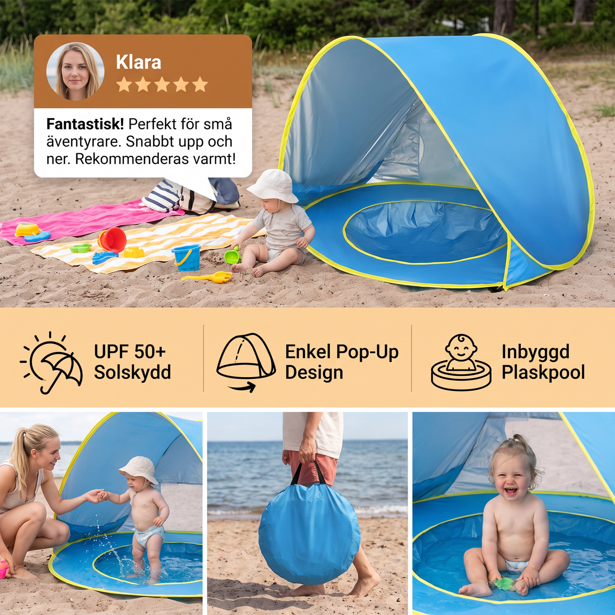Pop-Up Baby Beach Tent med Inbyggd Pool och UV-Skydd – Bärbart Solskydd för Barn