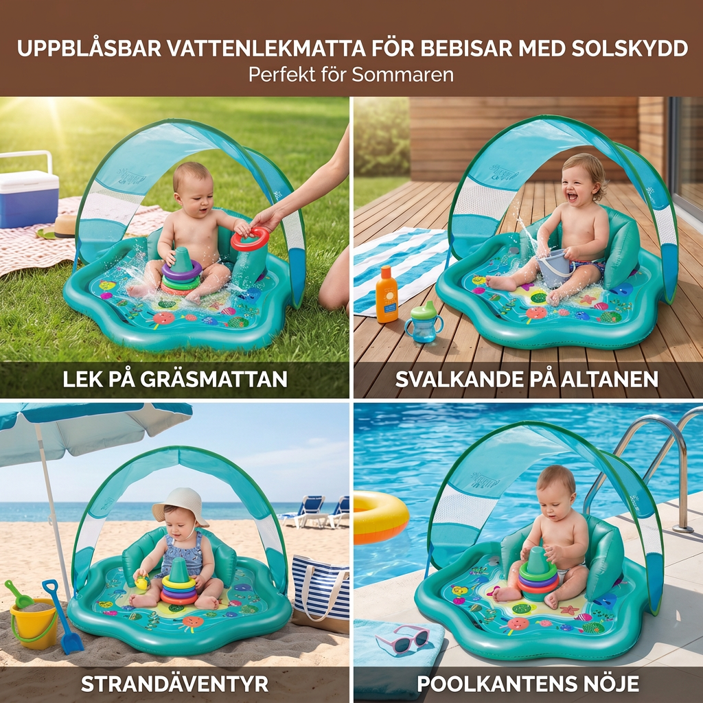 Uppblåsbar Vattenlekmatta för Bebisar med Solskydd – Perfekt för Sommaren