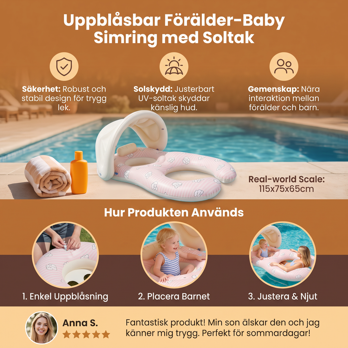 Uppblåsbar Förälder-Baby Simring med Soltak