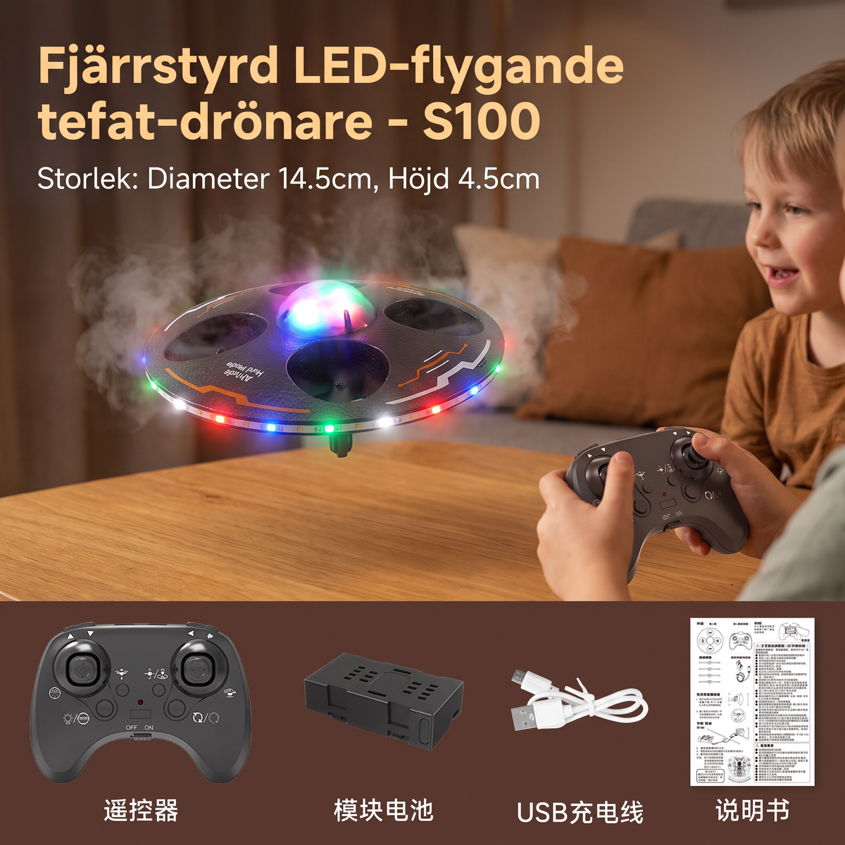Fjärrstyrd LED-flygande tefat-drönare