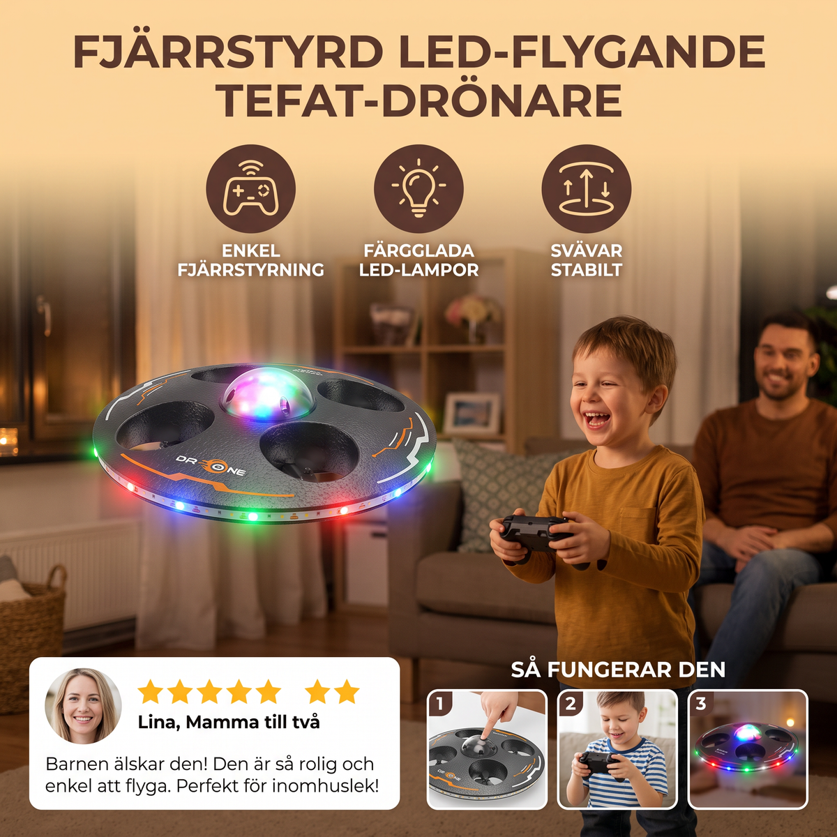 Fjärrstyrd LED-flygande tefat-drönare
