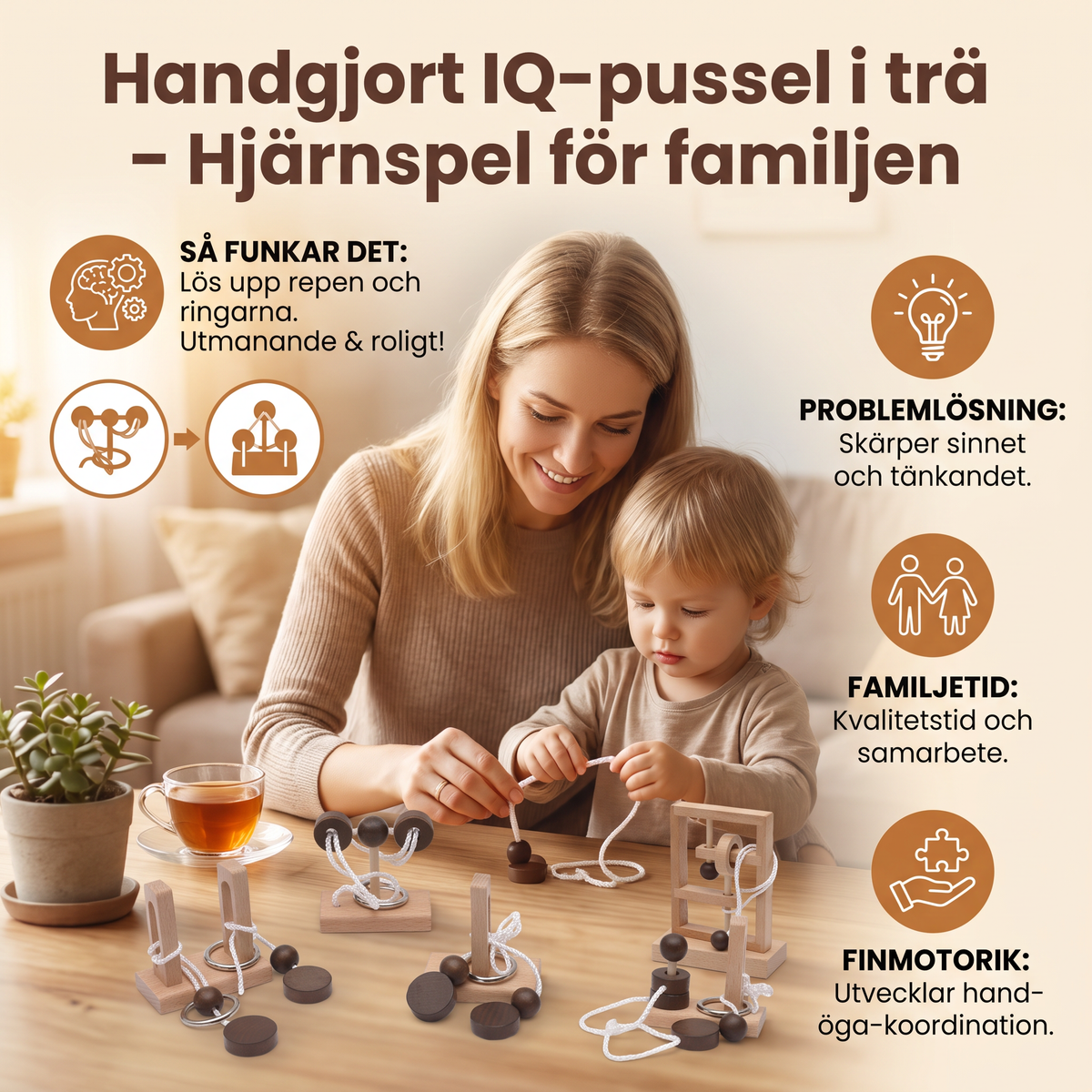 Handgjort IQ-pussel i trä med rep – Hjärnspel för hela familjen
