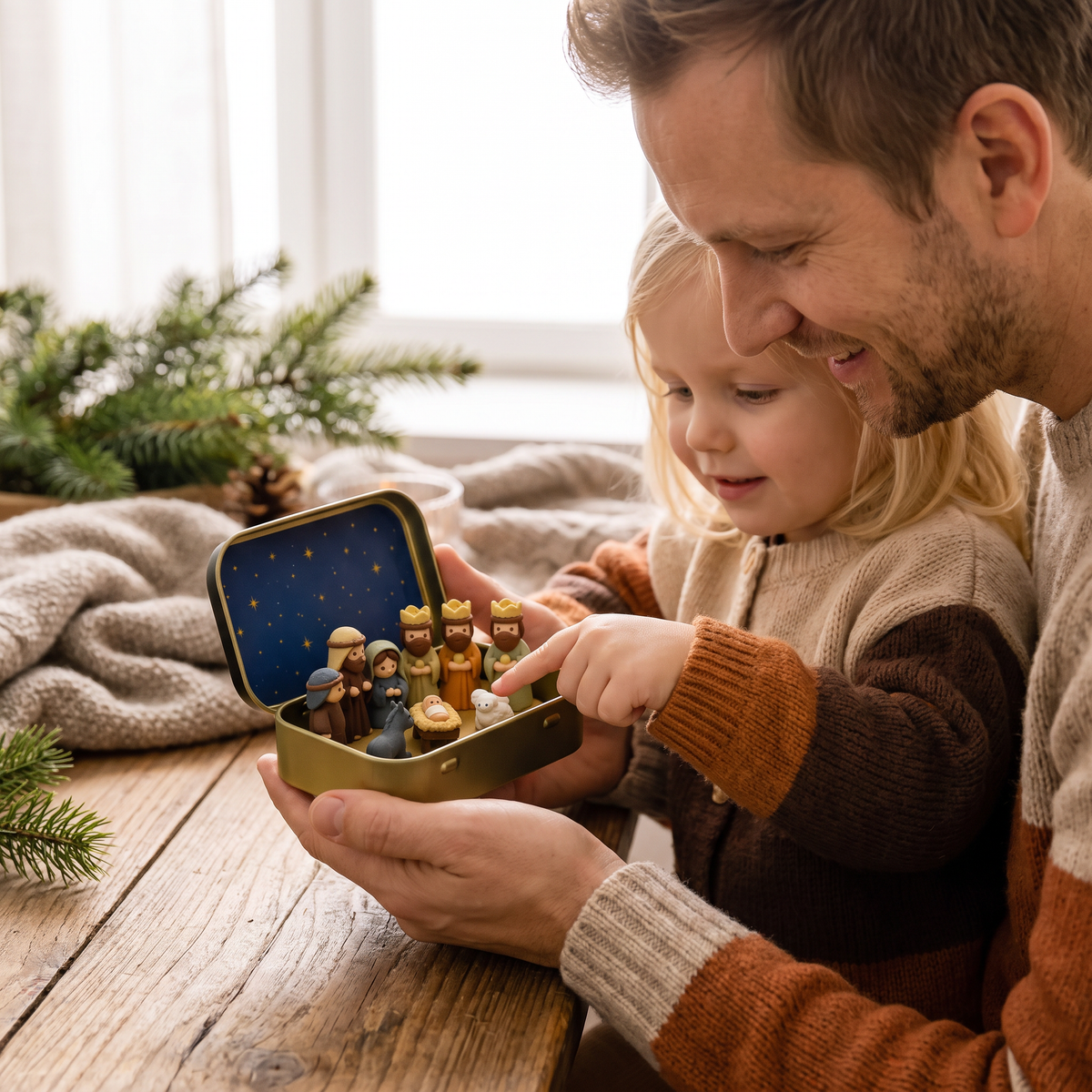 Mini-julkrubba i en ask – handmålat julfigursset
