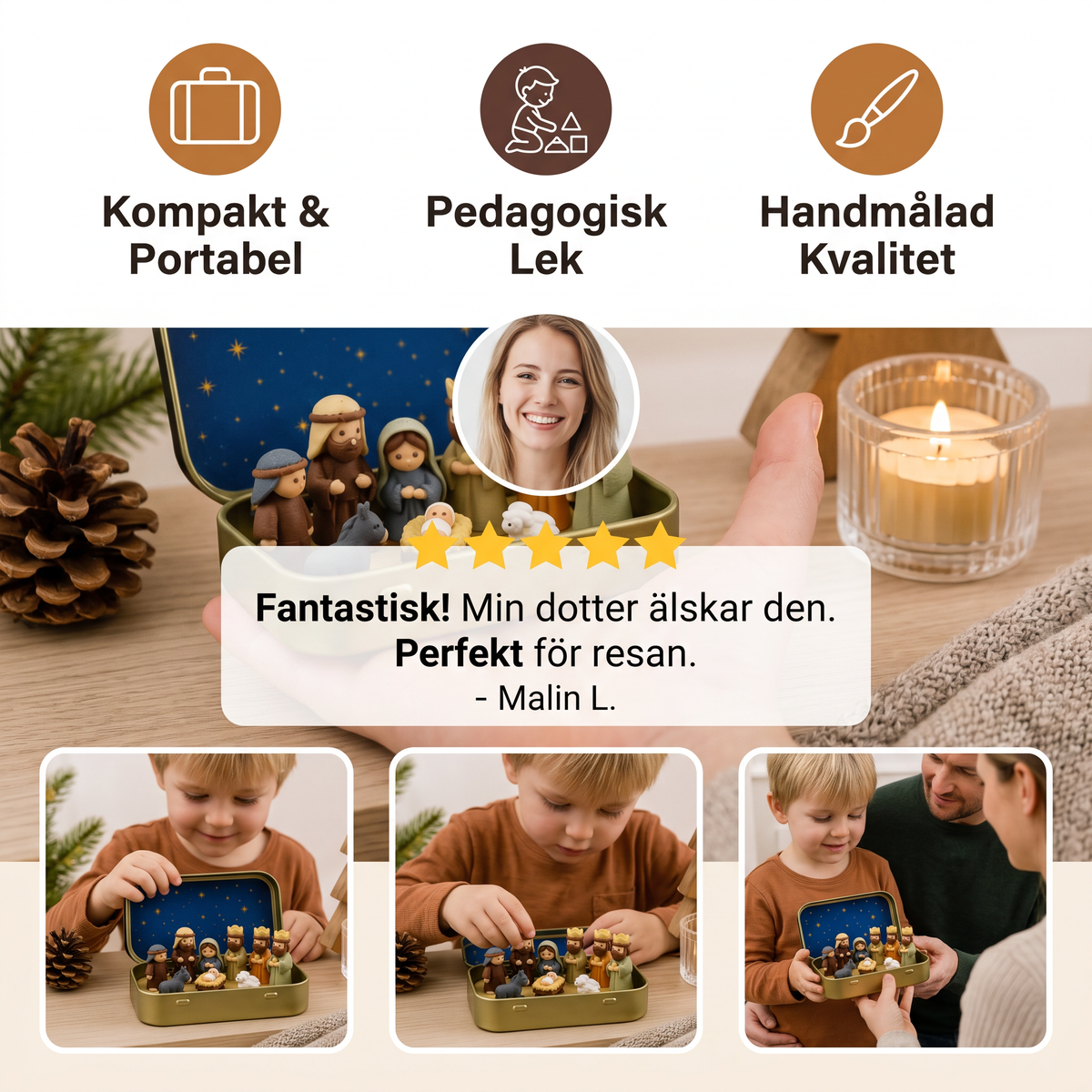 Mini-julkrubba i en ask – handmålat julfigursset