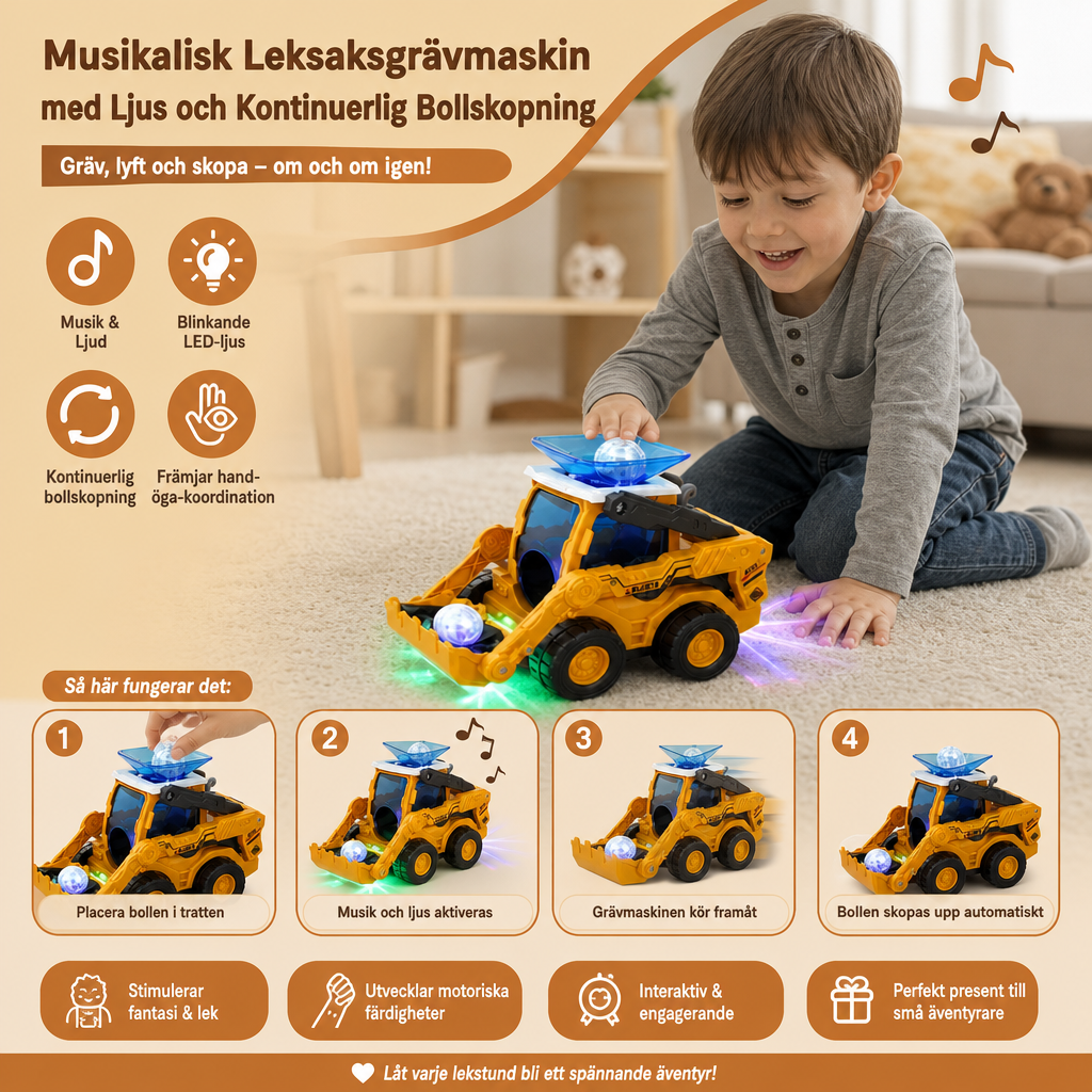 Musikalisk Leksaksgrävmaskin med Ljus och Kontinuerlig Bollskopning