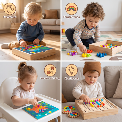 4-i-1 Montessori Sensorisk Reseaktivitetstavla i Trä med Kugghjul och Färgglada Pluggar