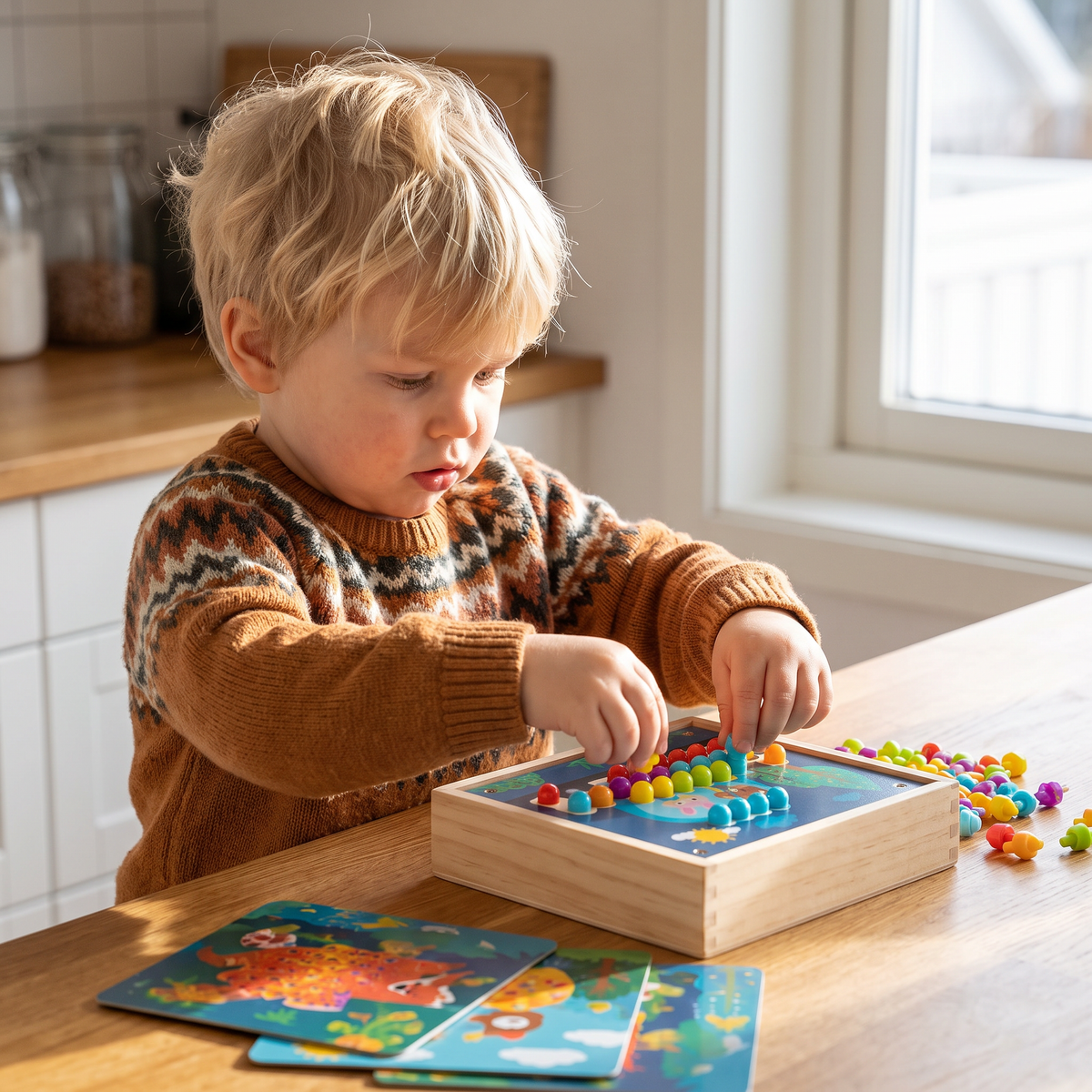 4-i-1 Montessori Sensorisk Reseaktivitetstavla i Trä med Kugghjul och Färgglada Pluggar