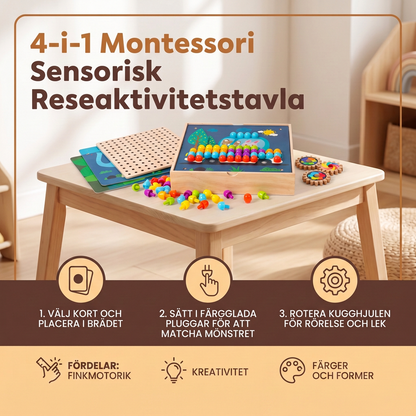 4-i-1 Montessori Sensorisk Reseaktivitetstavla i Trä med Kugghjul och Färgglada Pluggar